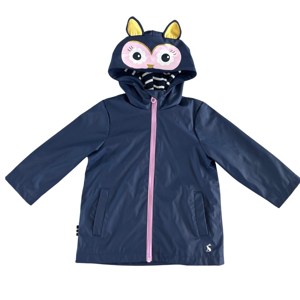 Joules Kids Rivereside Owl Hooded Raincoat Size 2Y Blue Lined Full Zip NWOT $55